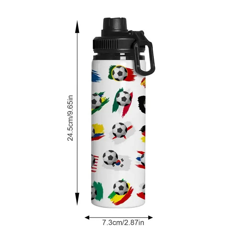 Water bottle with soccer ball and flag designs printed on it.