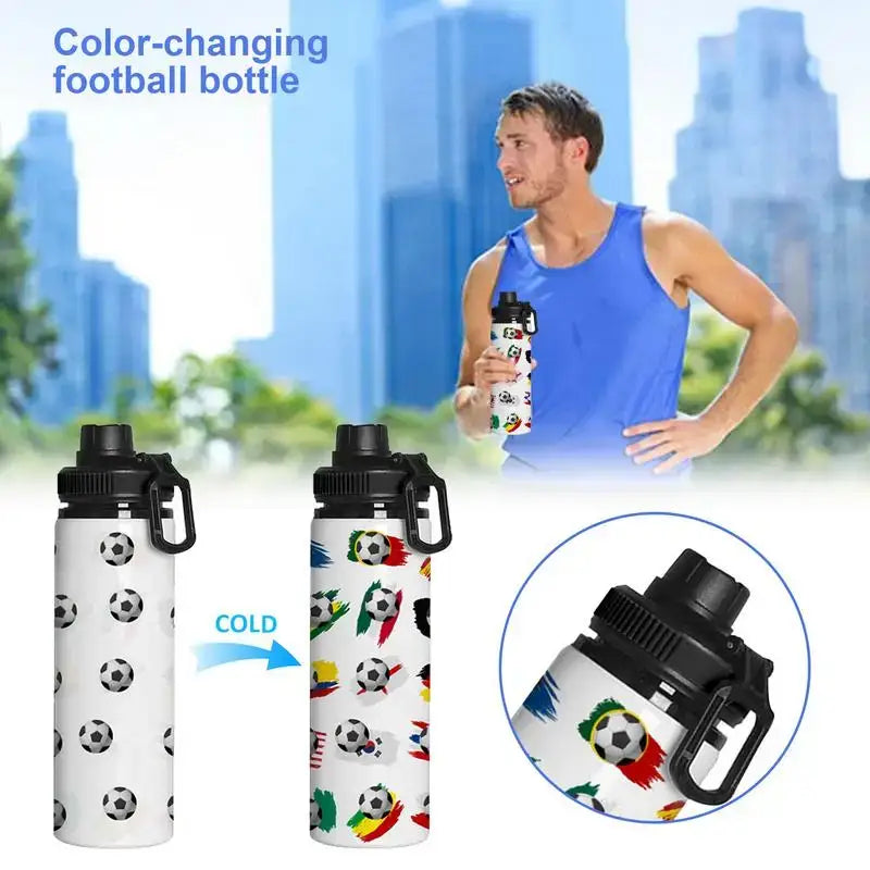 Color-changing football-themed water bottle that transforms its pattern when cold.