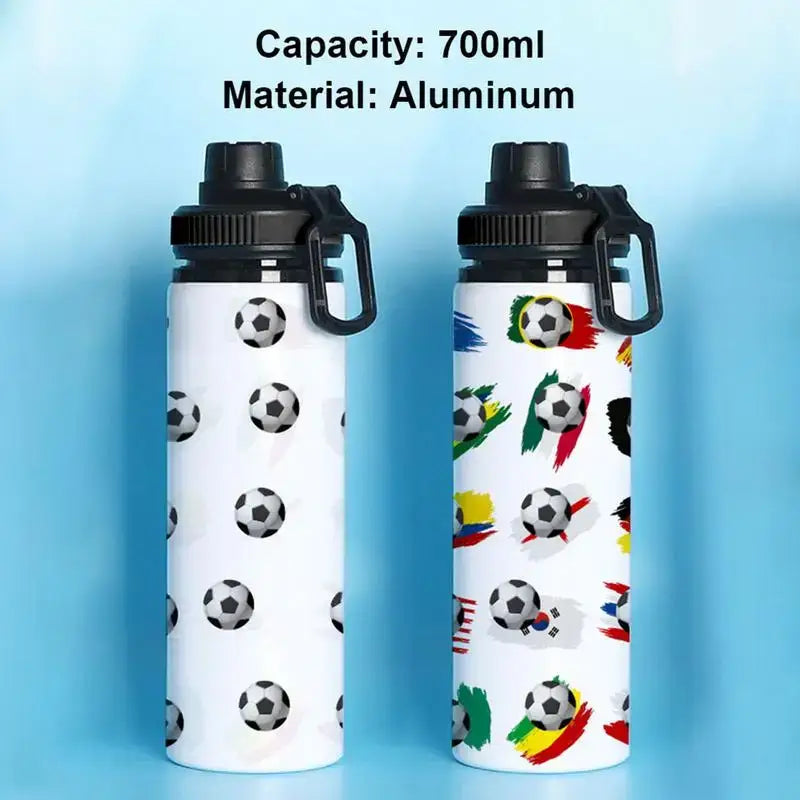 Two aluminum water bottles with soccer ball designs, one featuring black and white balls and the other with colorful international flag patterns.