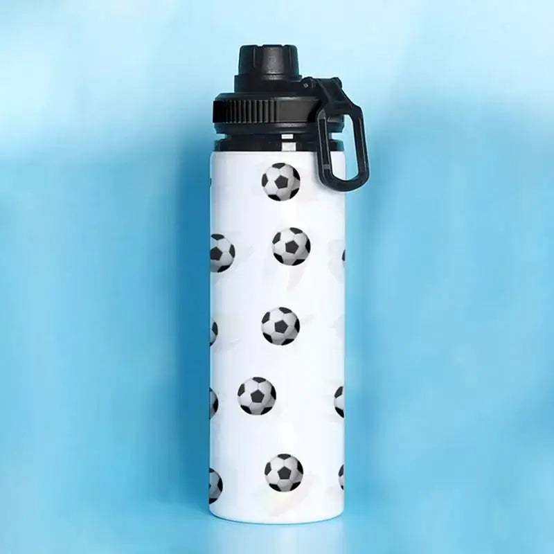 White water bottle with soccer ball pattern and black cap.