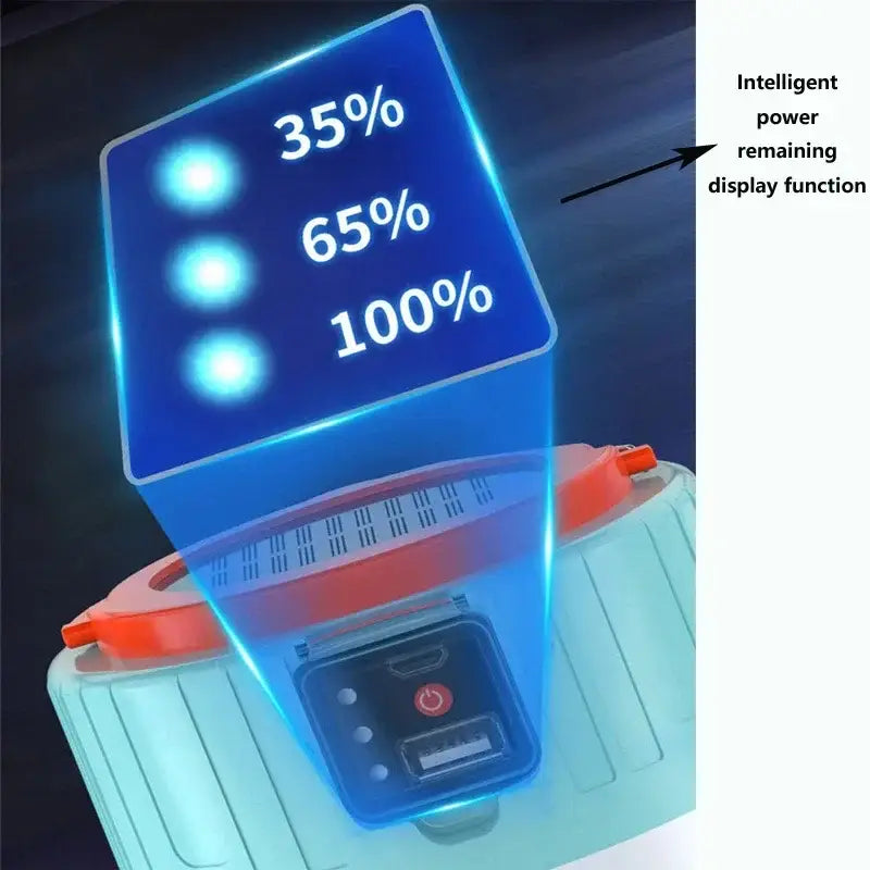 Futuristic electronic device with a holographic display showing power percentages.