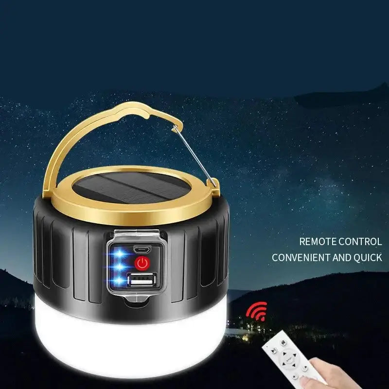 Portable LED camping lantern with remote control and solar charging capability.