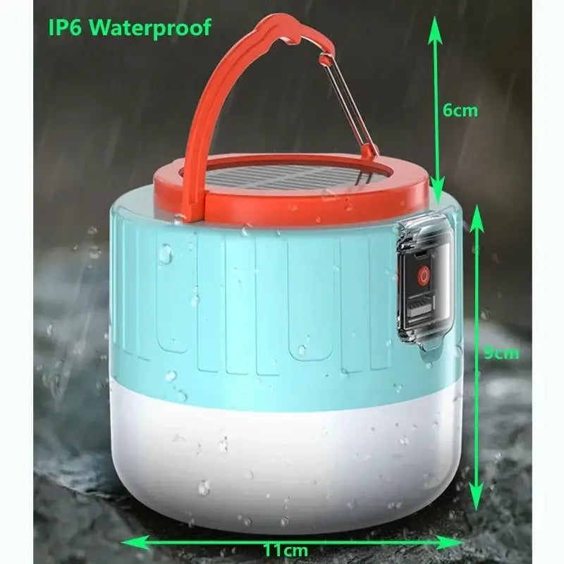 Portable waterproof lantern with a red handle and blue-white body.