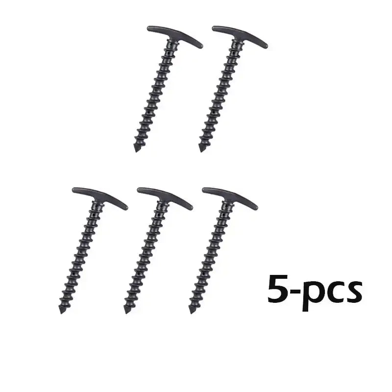 Set of five black T-handle screws or anchors.