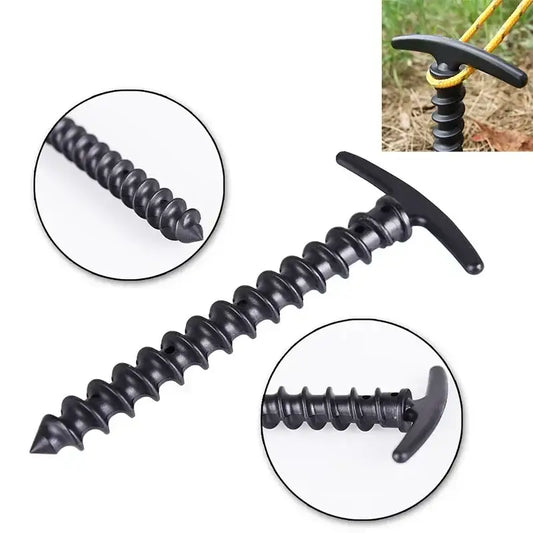 Spiral-shaped ground anchor or stake with a T-handle for easy installation and removal.