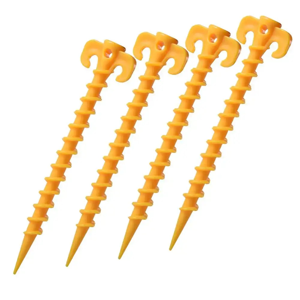 Orange plastic tent stakes with spiral shafts and curved hooks at the top.