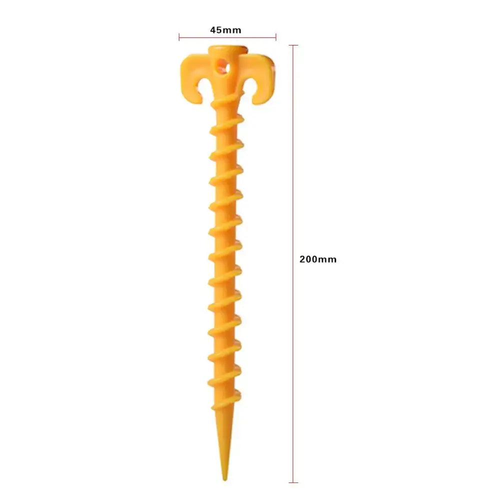 Yellow plastic screw-in tent stake or ground anchor with a spiral shaft and T-shaped top.