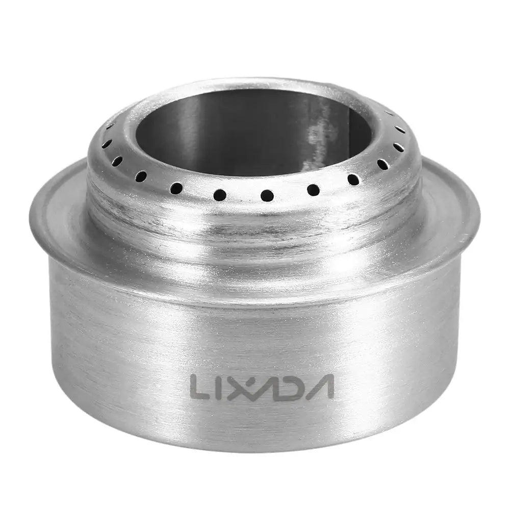 Circular metal stove burner or alcohol stove with perforated rim and ’LIXDA’ branding.