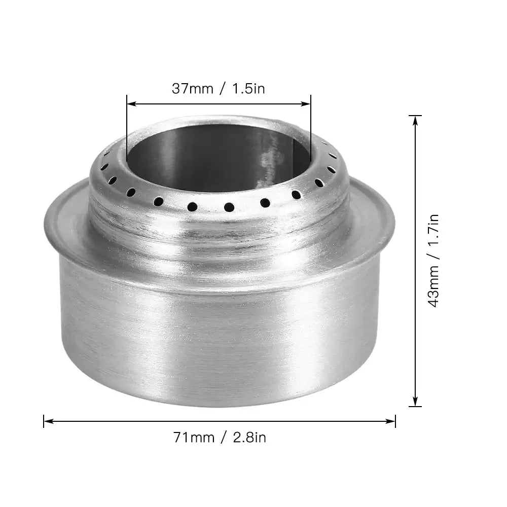 Cylindrical metal alcohol stove burner with perforated top rim and dimensional measurements.