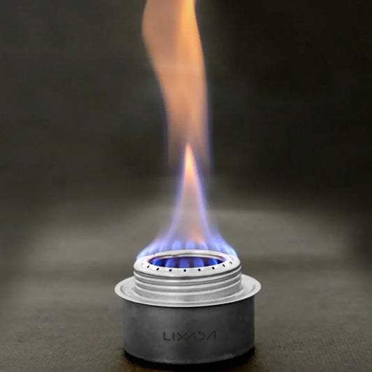 Portable camping stove burner with a blue and orange flame.