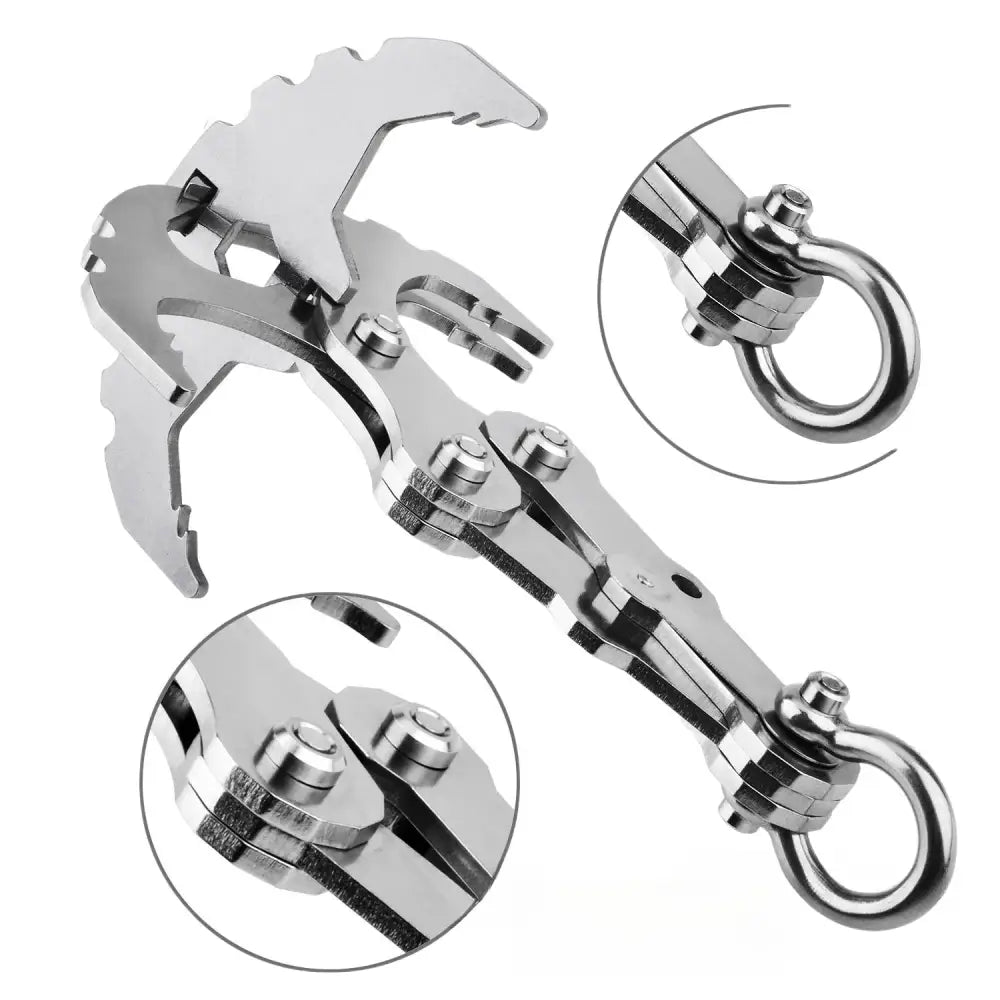 Stainless steel grappling hook with multiple prongs and swivel rings.