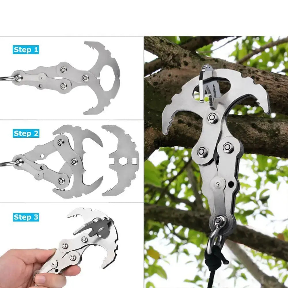 Multi-functional stainless steel climbing tool with grappling hooks and a bottle opener.