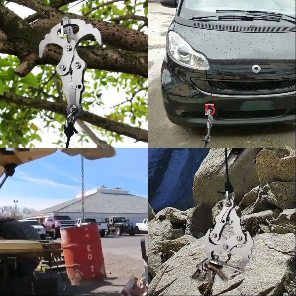 Multi-tool grappling hook device with folding claws or prongs.