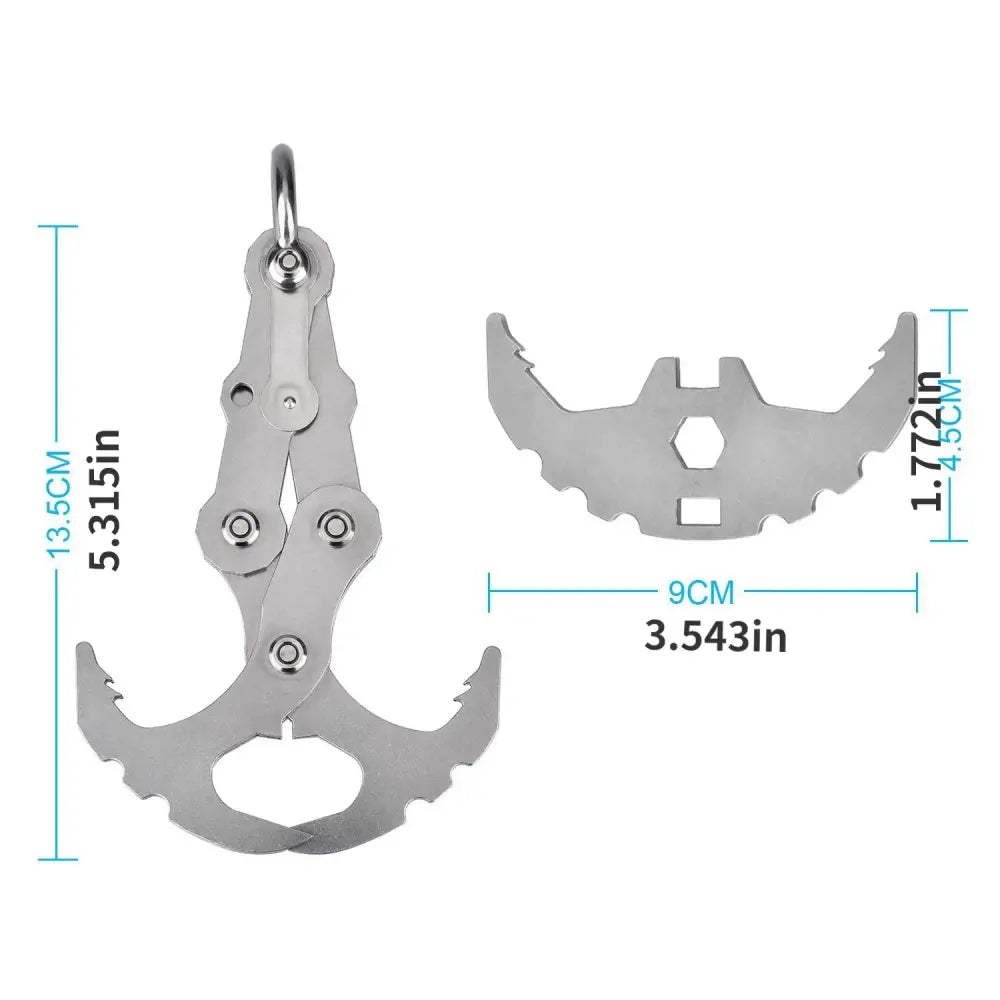 Multi-tool grappling hook with folding arms and measurement annotations.