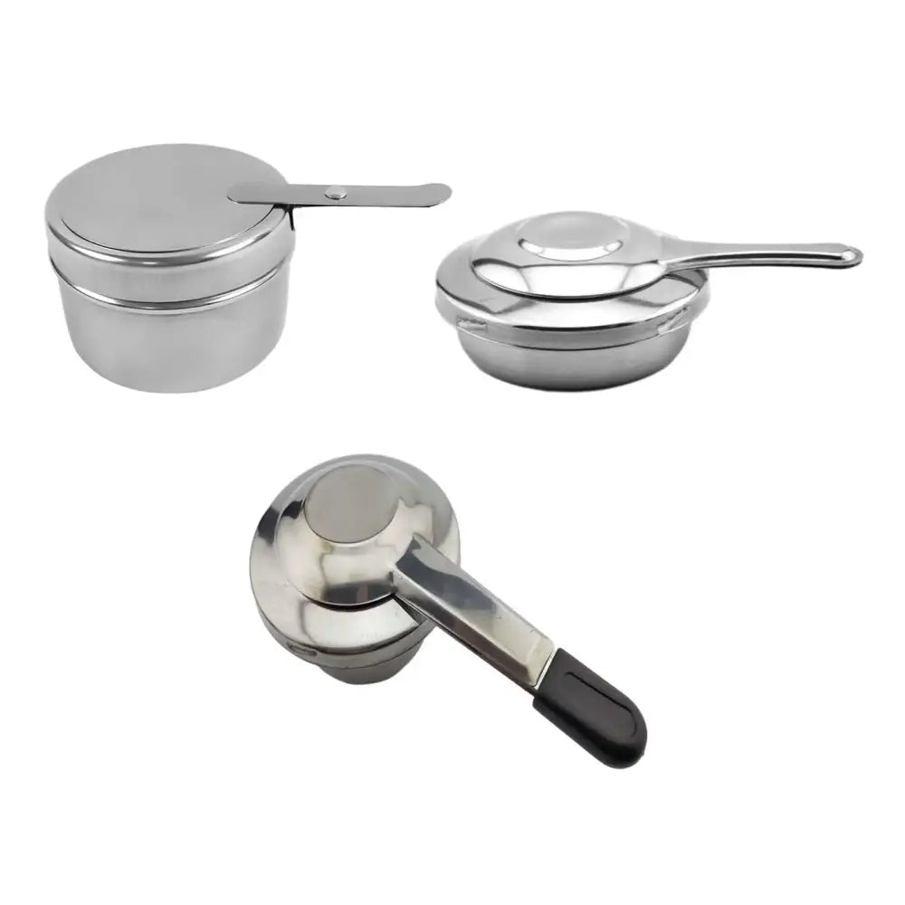 Stainless steel cookware set including two saucepans and a ladle.