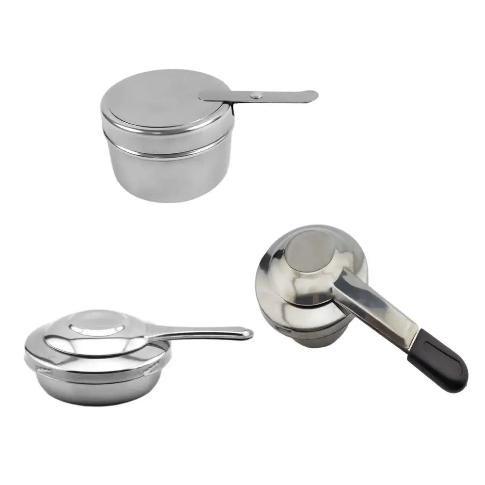 Stainless steel measuring cup with a hinged lid and handle.