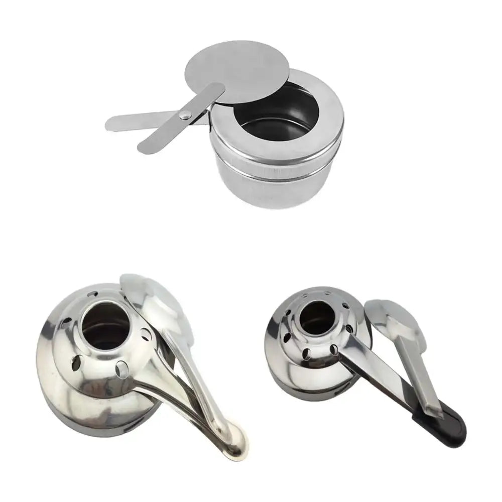 Stainless steel chafing dish fuel holders with lids and handles.