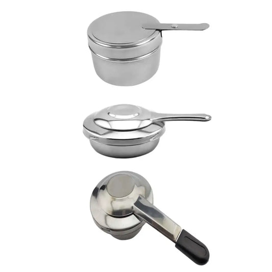 Stainless steel cooking pots or pans with long handles.