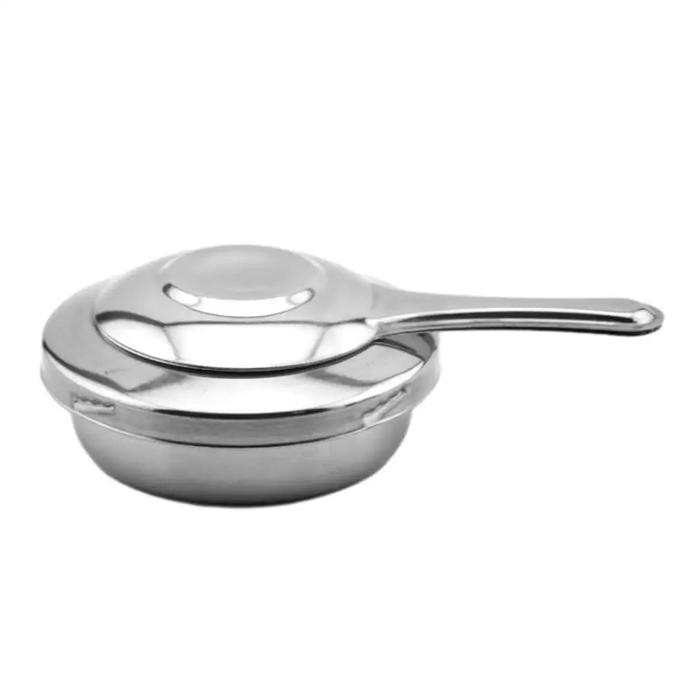 Stainless steel sauté pan with a lid and long handle.