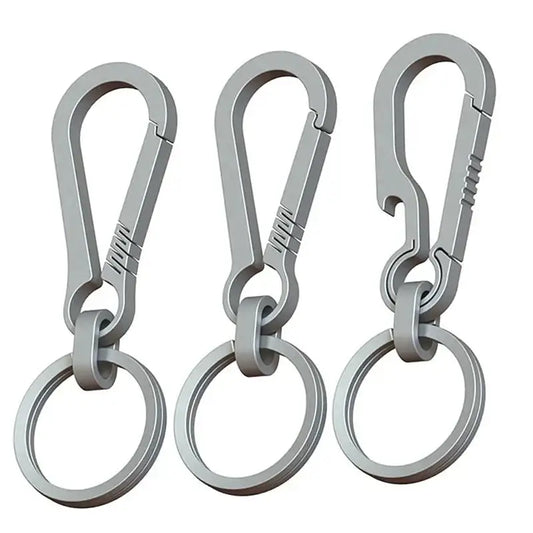 Carabiner-style keychains with attached metal rings.