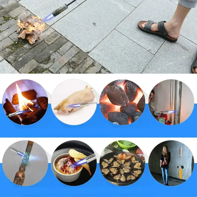 Collage of circular images showing various objects and scenes, with a larger image of a sidewalk and foot at the top.