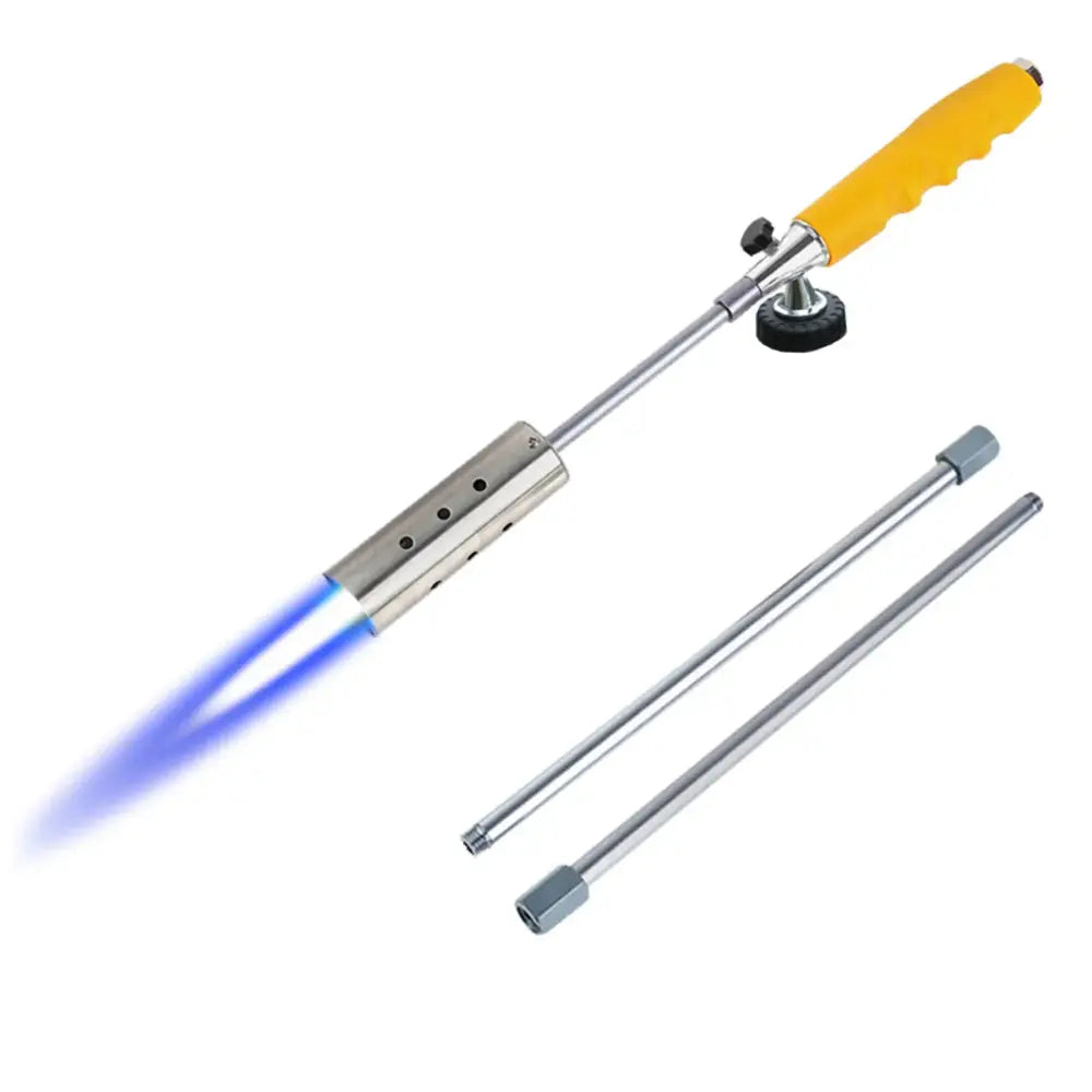 Handheld propane torch with blue flame and additional metal rods.