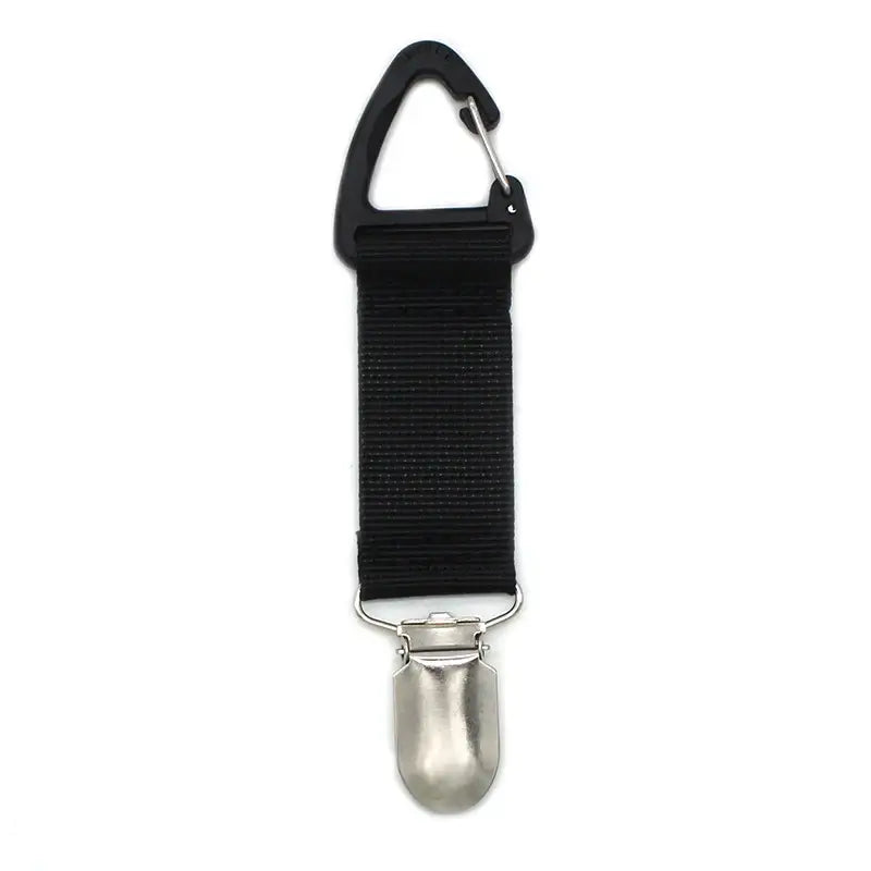 Black fabric strap with a metal clip and carabiner attachment.