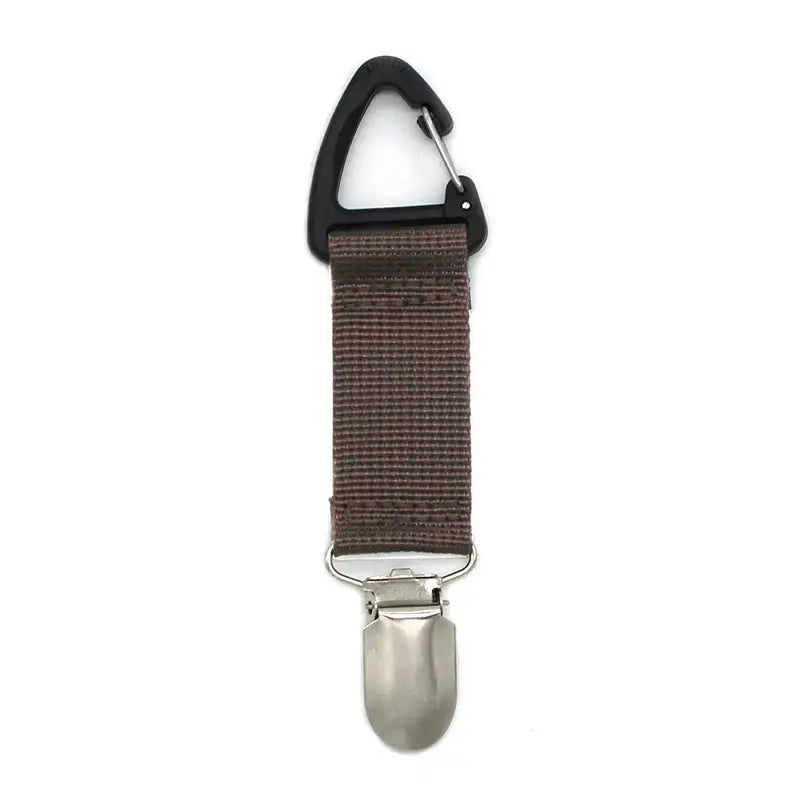 Brown fabric strap with a carabiner clip at one end and a metal clasp at the other.