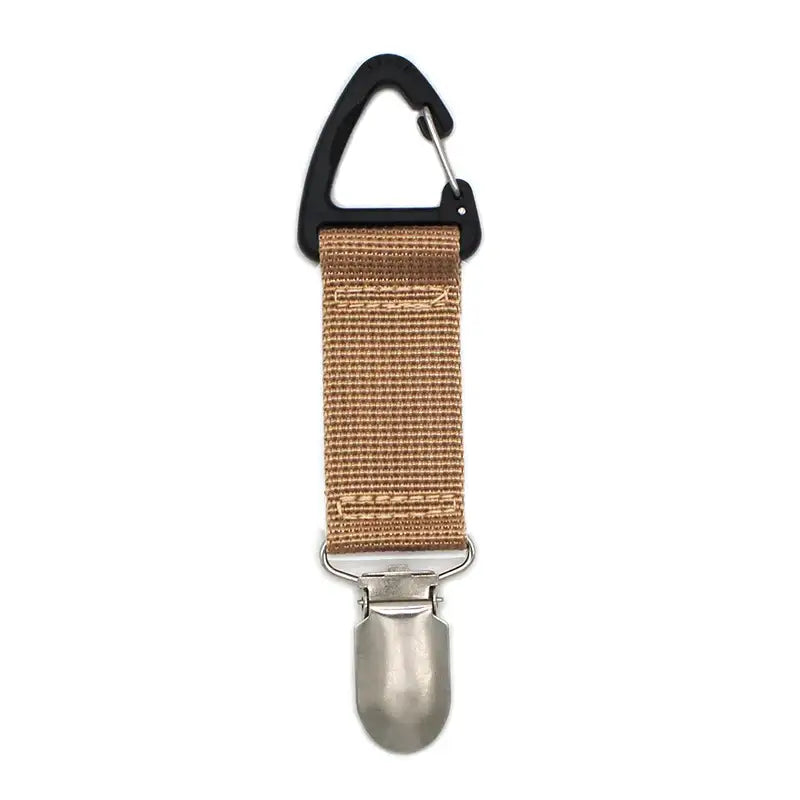 Tan fabric strap with a metal clip and carabiner attachment.