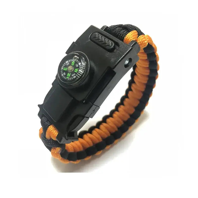 Survival bracelet with a built-in compass and whistle.