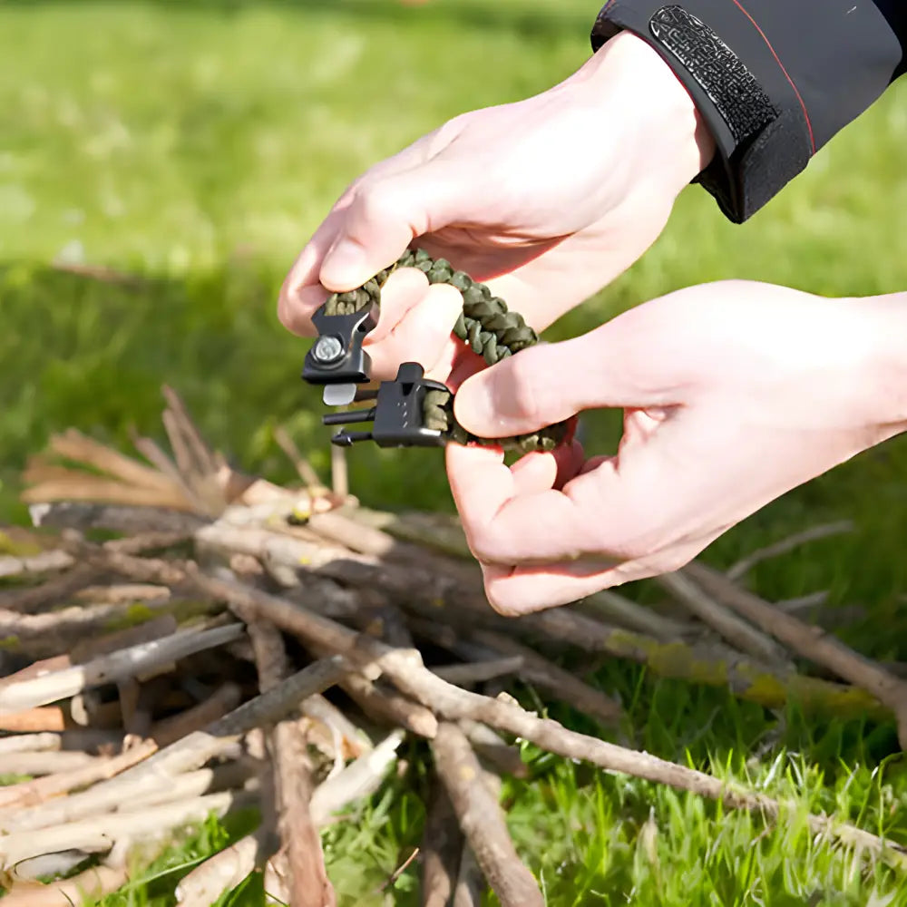 Firestarter tool with a flint striker being used over a pile of twigs.