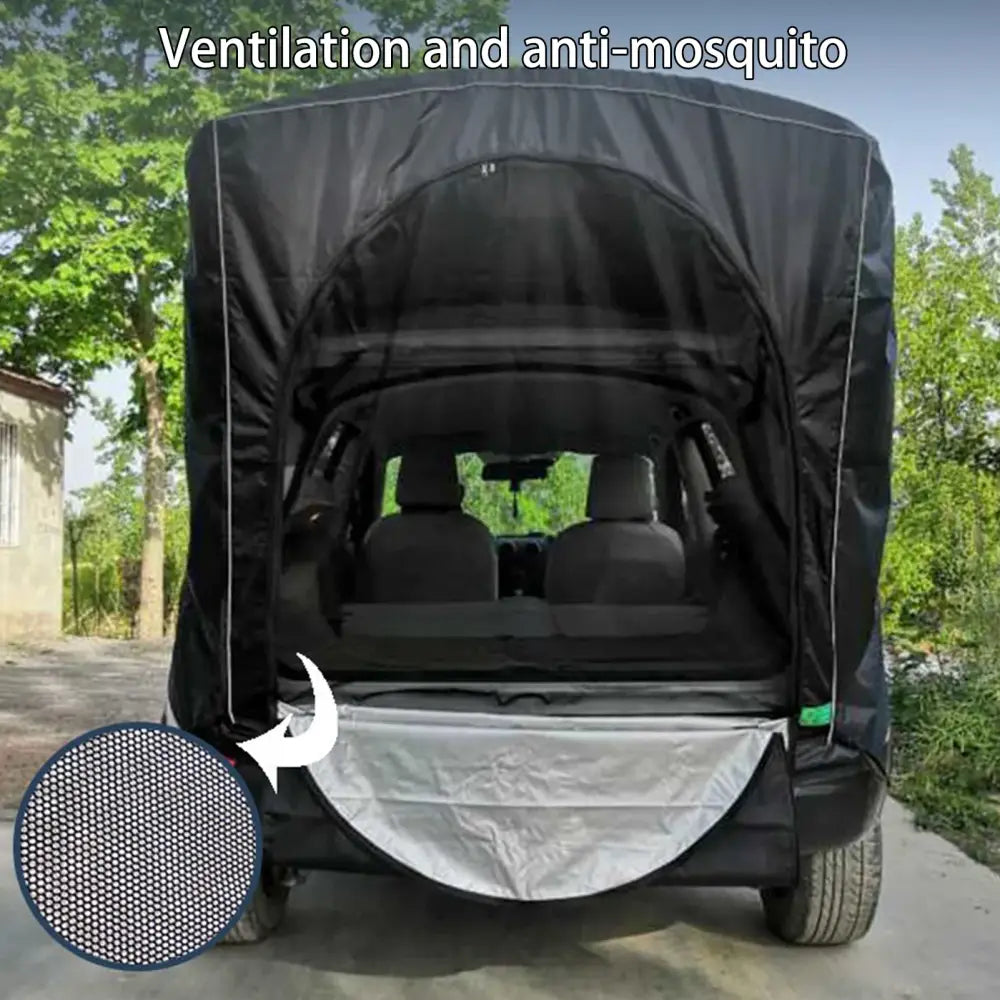 Enclosed golf cart-like vehicle with a black fabric cover featuring ventilation and anti-mosquito protection.