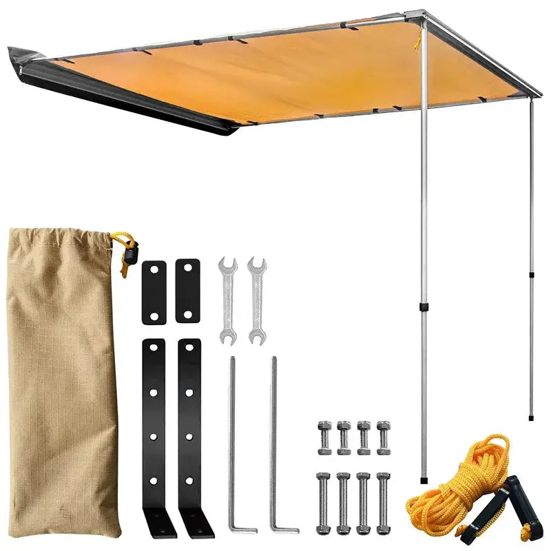 Retractable vehicle awning with installation accessories and hardware.