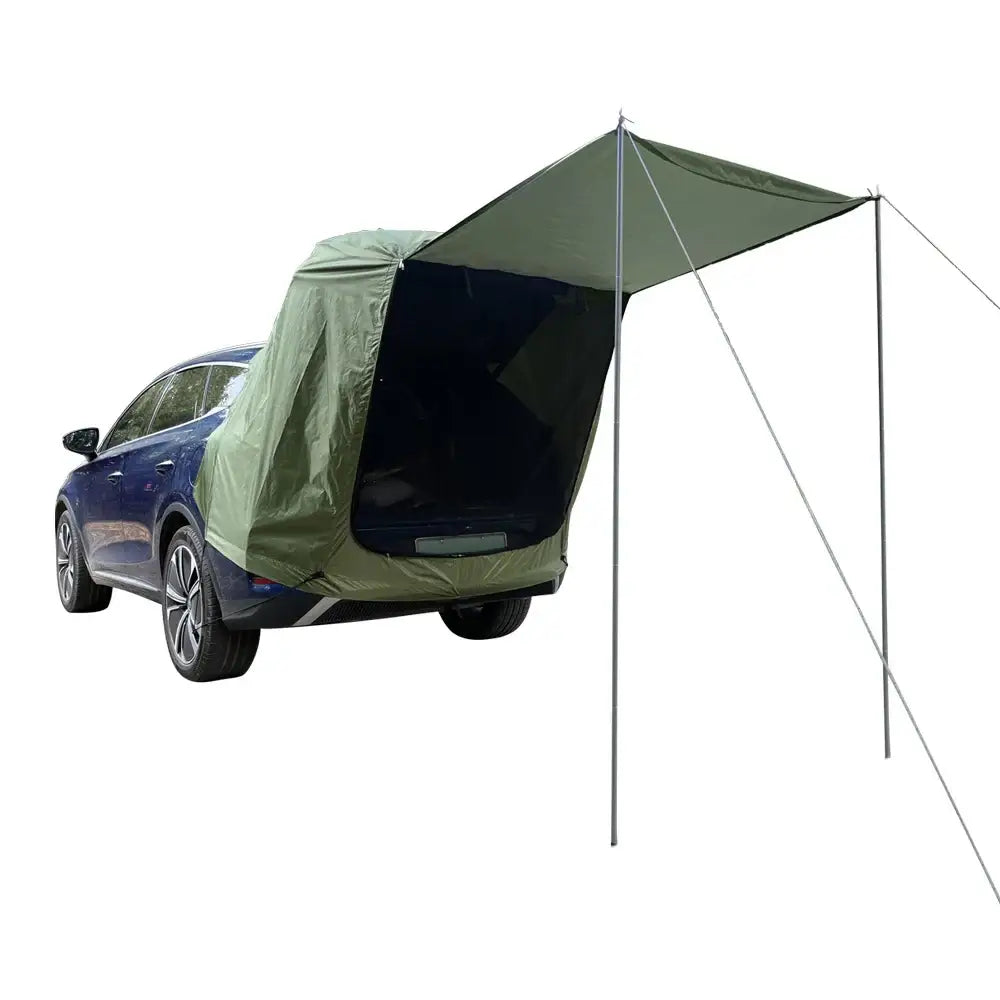 Car-mounted tent attachment for camping or outdoor activities.