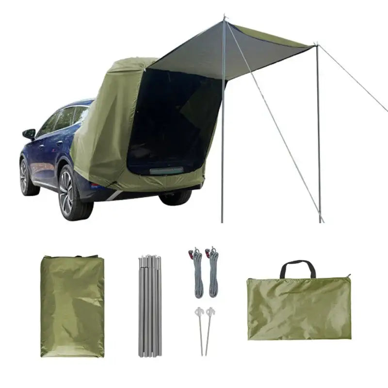 Car-mounted tent attachment for camping or outdoor adventures.