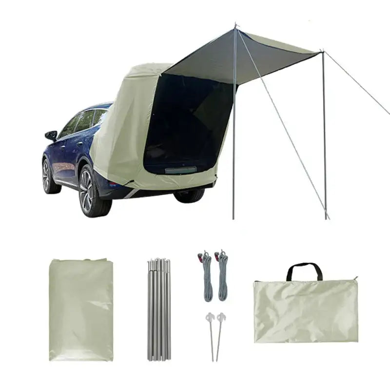 Car-mounted tent attachment with accompanying setup components.