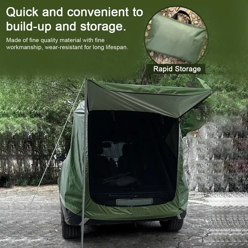 Portable green storage tent or shelter with a front opening flap.