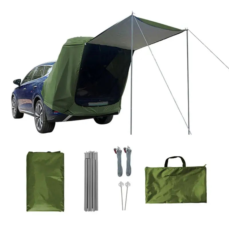 Tailgate tent attachment for a vehicle with accompanying setup components.