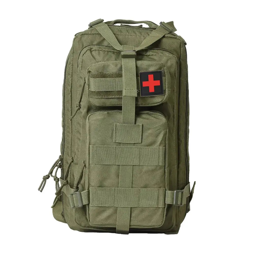 Military-style tactical backpack with a red cross medical patch.