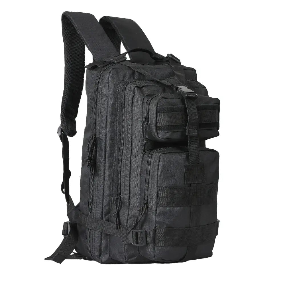 Black tactical backpack with multiple compartments and MOLLE webbing.