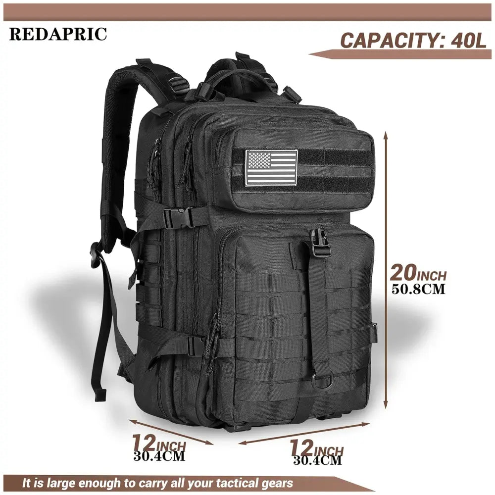 Tactical military-style backpack with MOLLE webbing and an American flag patch.