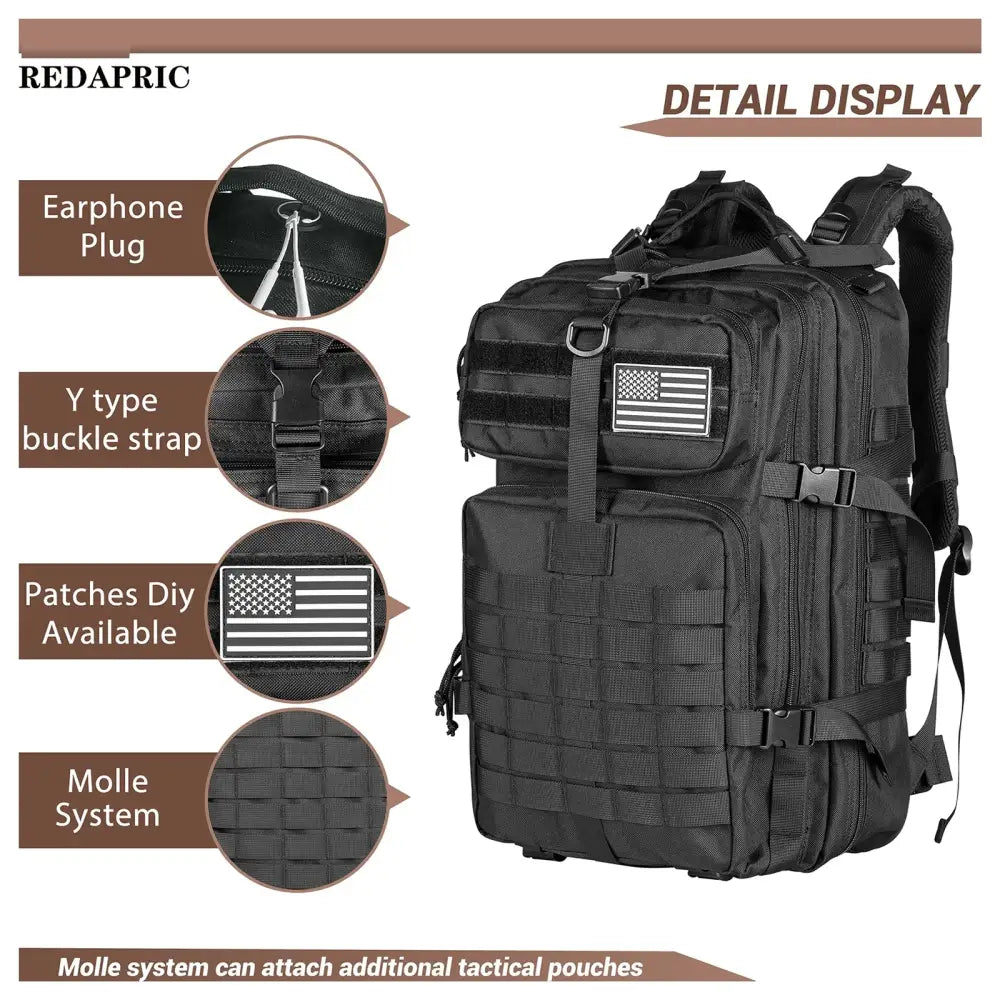 Tactical military-style backpack with multiple compartments and MOLLE system.