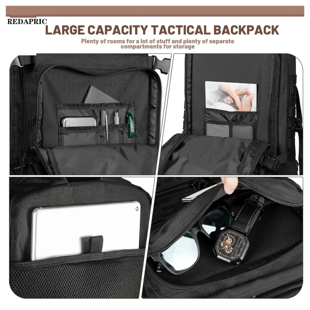 Tactical backpack with multiple compartments and storage options.