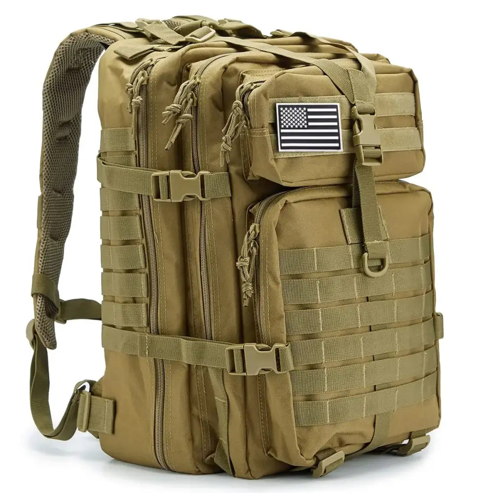 Tan military-style tactical backpack with multiple compartments and an American flag patch.