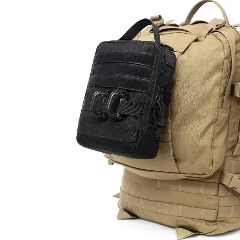 Tactical backpack with a detachable black pouch attached to its side.