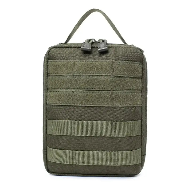 Military-style tactical pouch or organizer in olive green color with MOLLE webbing.