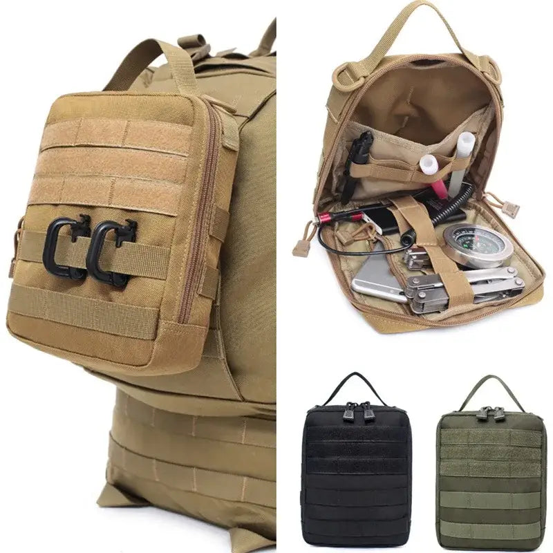 Tactical medical pouch with modular attachment system and multiple compartments for organizing supplies.