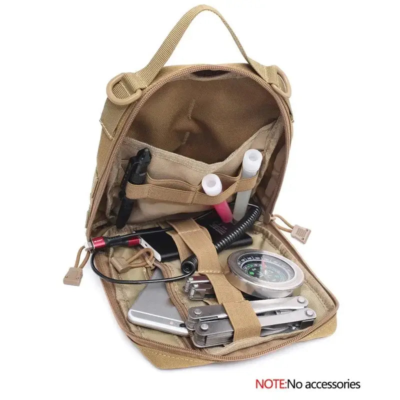 Tan tactical or military-style pouch with various compartments and straps for organizing gear and equipment.