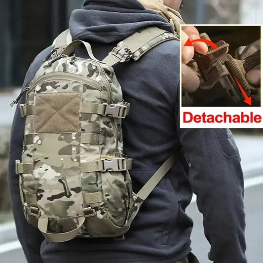 Camouflage-patterned tactical backpack with detachable straps.