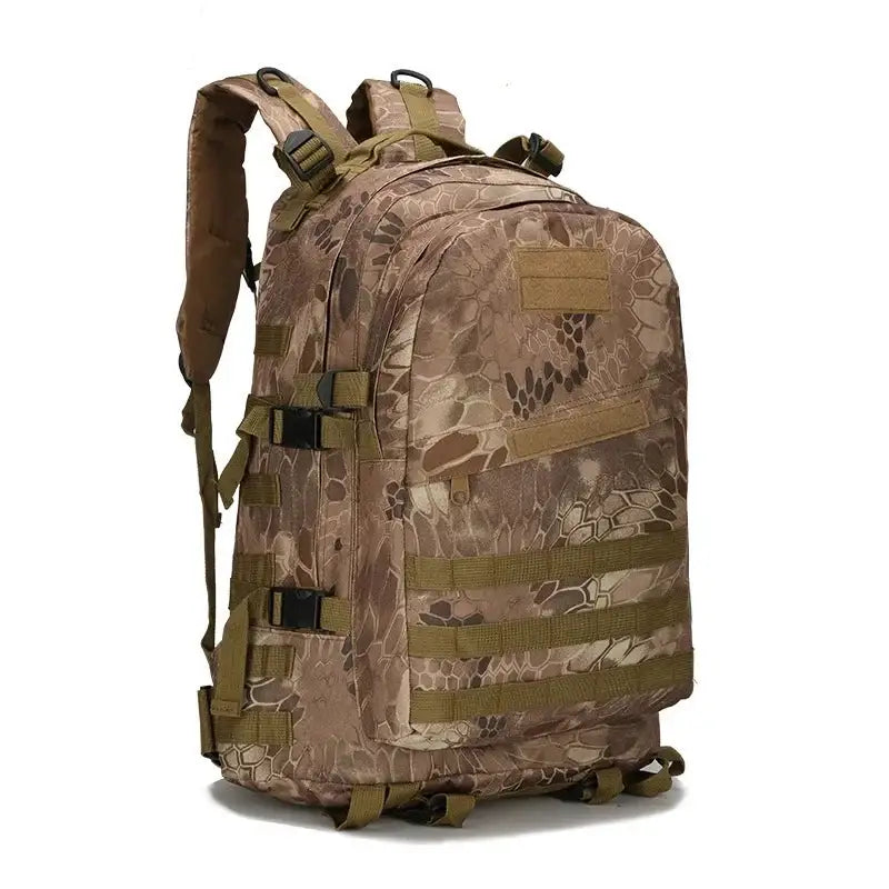 Camouflage military-style tactical backpack with multiple compartments and MOLLE webbing.